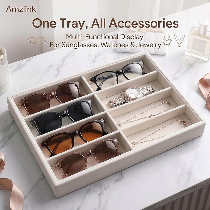 Amzlink® Sunglass Organizer Tray, 8 Slot Velvet Glasses Holder for Eyeglasses, Sunglasses, Jewelry & Watch Display, Men's/Women's Drawer Dresser Vanity Nightstand Storage, Beige