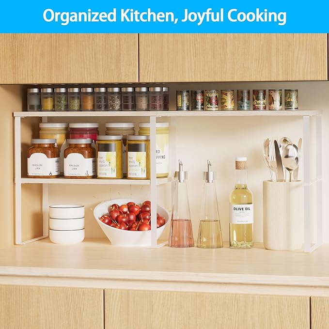 Golener Kitchen Counter Organizer, Countertop Shelf, Adjustable, Stackable | Kitchen Countertop Organizer, Spice Rack, 2-Tier Countertop Shelves, Corner Desk Shelf, Corner Counter Shelf, Natural Beige