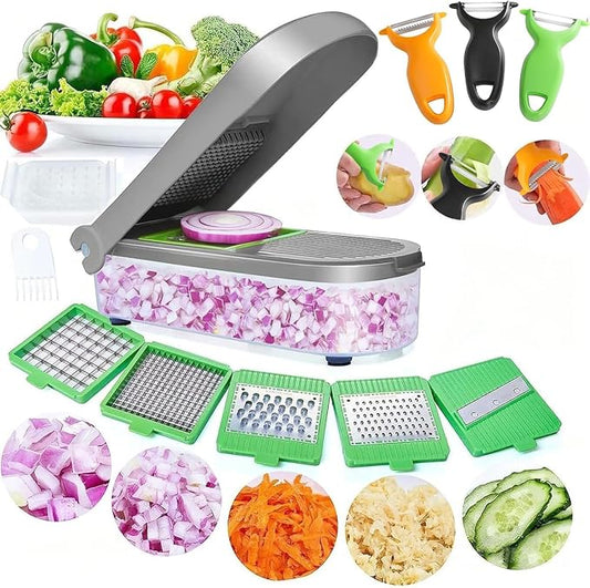 LHS Vegetable Chopper, Pro Onion Chopper Slicer Dicer Cutter Shredded- Cheese & Veggie Plus Peeler and Julienne - Food Dicer with 8 Blades (Grey)