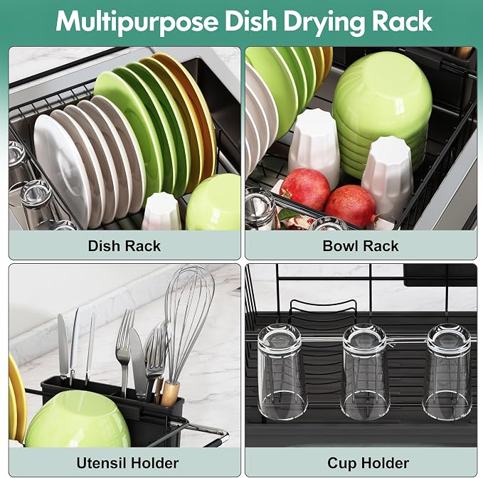 Over Sink Expandable Dish Drainer Drying Rack In Stainless Steel for Small Kitchen, Counter Space Saving Modern Black Compact Metal Above Plate Dryer Strainer, Adjustable Hanging Inside Drain Holder