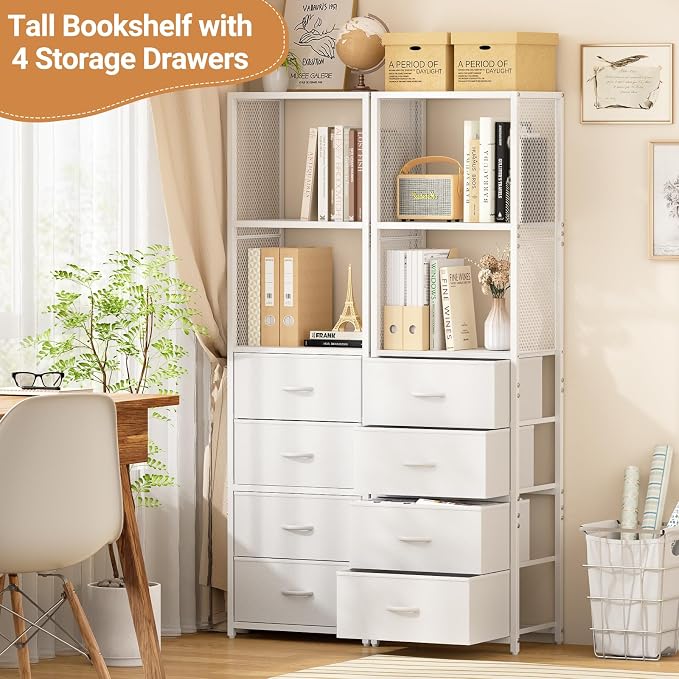 3IngSeagulls Closet Drawer Organizer, Freestanding Closet System with 4 Drawers, Walk-in Closet Storage Unit with Wooden Top & 2-Tier Shelves for Small Closets, Tall Bookshelf Storage Cabinet, White