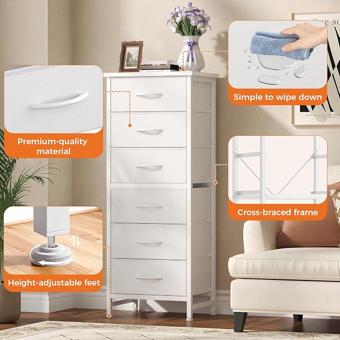 Sweetcrispy Tall Fabric Dresser for Bedroom, 6 Drawer Chest of Drawers | Narrow Storage Tower with Wood Top and Metal Frame, Vertical Nightstand for Closet, Bedroom Organization Furniture, White