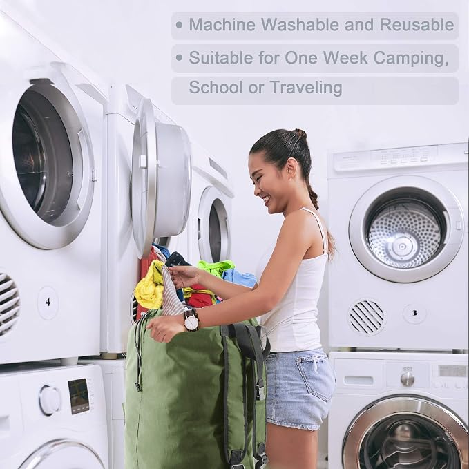 BeeGreen Moss Green Laundry Backpack Bag w Adjustable Shoulder Straps String Closure College Dorm Room Essentials Sturdy Laundry Hamper Portable w Handle XLarge Ripstop for Traveling