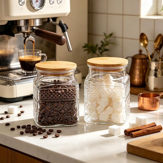 Prettidecor Glass Storage Jars, 38 FL OZ Airtight Canisters with Bamboo Lid, Decorative Kitchen Containers for Cereal, Nuts, Snacks, Candy, Cookies, Coffee, Tea