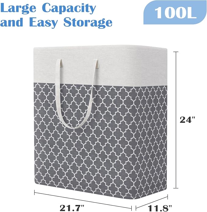 BlissTotes 3-Pack Laundry Basket, Laundry Hamper, Light Grey, 100L | Laundry Clothes Hamper, Hampers for Bedroom, Freestanding Hamper with Handles, Clothes Laundry Basket