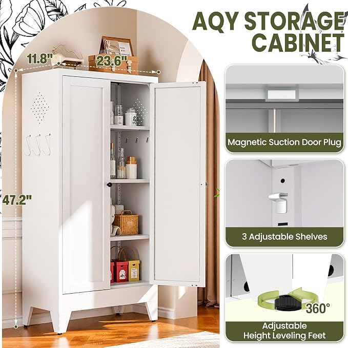 AQY Metal Pantry Cabinet with Adjustable Shelves, White Kitchen Pantry Storage Cabinet with 2 Doors, Freestanding Storage Cupboard Organizer for Dining Room, Living Room, Bathroom