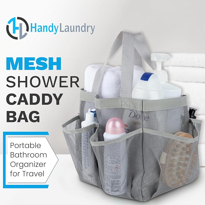 Handy Laundry Mesh Shower Caddy – 7 Pocket Portable Organizer Tote for College Dorm, Gym, Travel & Bathroom – Quick Dry, Collapsible, Lightweight Shower Bag with Handle (Gray)