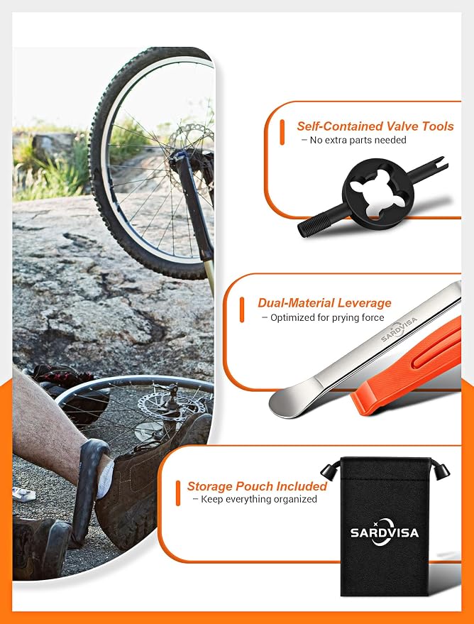 Bike Tire Levers, Bike Tire Tools for Road Mountain Bicycle Tire | Ultra Strong Tire Levers & Stainless Steel Tire Spoons, Great Value Bike Tire Repair Kit with Drawstring Bag & Core Wrench