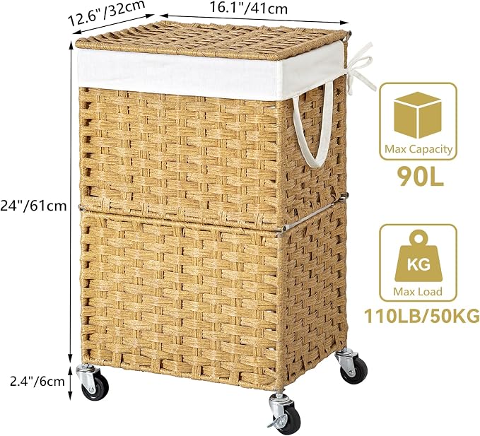 Chrislley Wicker Laundry Basket with Wheels,Rolling Laundry Hamper with Lid | 90L Slim Clothes Hamper with Wheels & Removable Liner Bag, Handwoven Rattan Laundry Organizer for Bedroom, Bathroom, Yellow