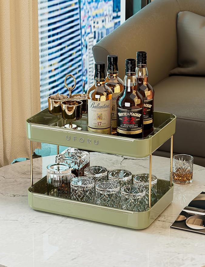 UFORU Countertop Coffee Station Organizer,Cup Rack,Mug & Wine Glass Holder | 2-Tier Green Mug Shelf with Removable Drain Tray,Bathroom Countertop Organizer,Spice Rack for Kitchen