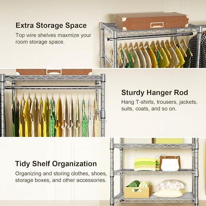 Ulif E1 Heavy Duty Closet Garment Rack, 6 Tiers Adjustable Metal Freestanding Expandable Clothing Storage with 4 Hanger Rods, Easy to Assemble Wardrobe, 71.4" H x (70" - 88.2") L x 14" D, Chrome