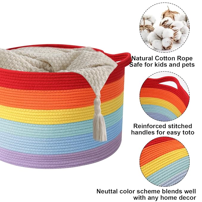 115L Large Blanket Basket,Rope Woven Laundry Basket-Rainbow | Collapsible, reinforced handles, nursery storage bin organizes clothes, toys and pillows for living room, bedroom bathroom