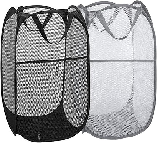 Pop Up Laundry Hampers, Collapsible Mesh Laundry Baskets for Home, Dorm, Travel, Portable Clothes Hampers, Pack of 2 (Black + Grey)