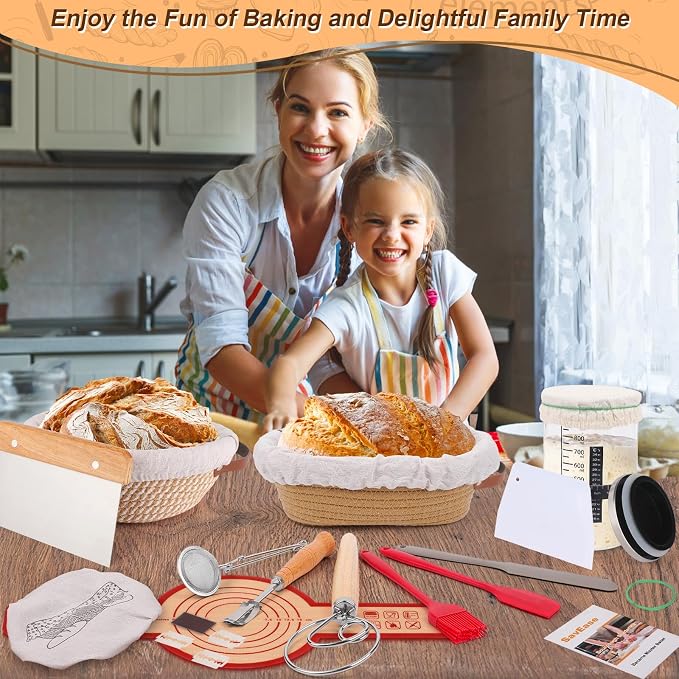 Sourdough Starter Kit, Bread Baking Supplies with Round & Oval Banneton Proofing Basket, Bread Sling, Starter Jar, Dough Whisk, Scrapers, Stencils & Storage Bag, Bread Making Tools Gift for Bakers