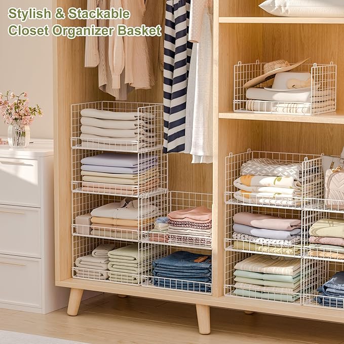 Huxitocan 4-Tier Closet Shelf Organizer - Closet Organizers and Storage Basket, Stackable Closet Storage Bins, Foldable Clothes Organizers and Storage Shelves for Home Closet Organizer System
