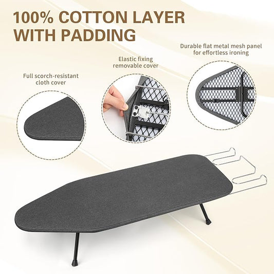 Folding Tabletop Ironing Board with Iron Rest, 31.6 x 12.5 inches, Padded Cotton Cover, Metal Mesh Panel, Mini Iron Board for Small Space and Travel,Gray