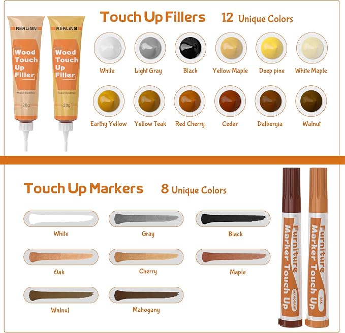 Wood Furniture Repair Kit- Set of 28 - Touch Up Markers | Fillers with Wood Putty - Repair Scratch, Cracks, Hole, Discoloration for Wooden Door, Floor, Table, Cabinet