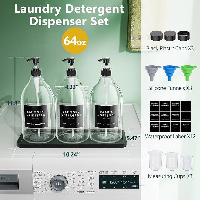 Moforoco 3 Pack Black Liquid Laundry Detergent Dispenser with Bamboo Tray, 64 Oz Plastic Laundry Soap Dispenser, Fabric Softener Dispenser with Pump and Labels for Laundry Room Decor and Organization