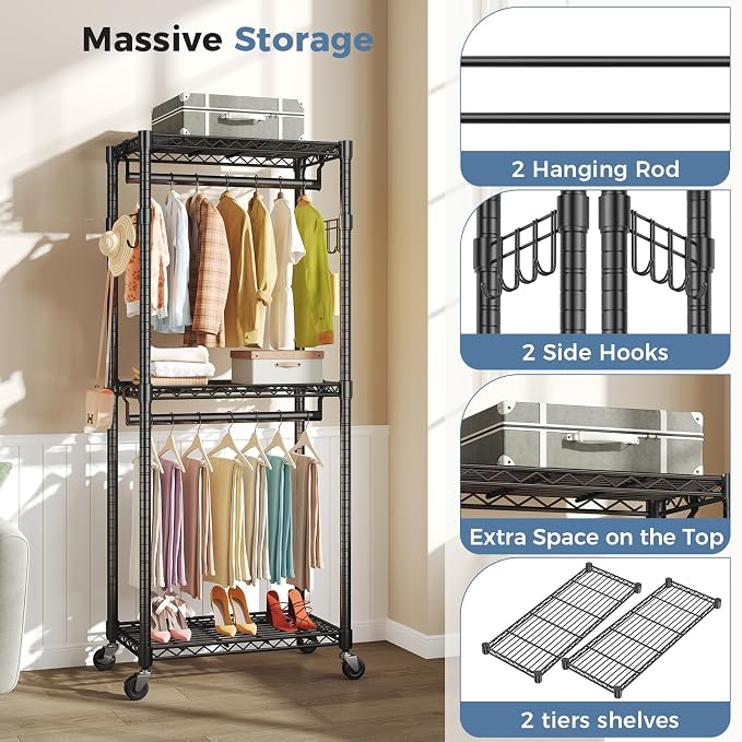 OLIXIS Clothes Rack Heavy Duty Adjustable Garment Clothing Rack with Wheels, Rolling Metal Freestanding Closet Organizer for Hanging Clothes with 2 Side Hooks, Double Rods, 29.5"x15.7"x75.6", Black