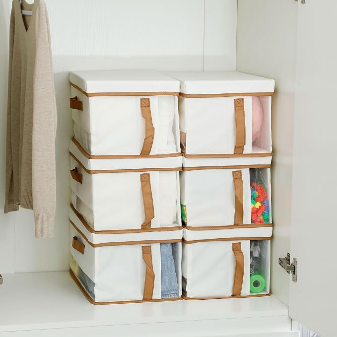 Closet Organizer and Storage, Large Oxford Fabric Storage Bins with Lid and Handle, Foldable and Stackable Baskets for Clothes, Towels, Nursery, Toys, Beige, 6 Pack