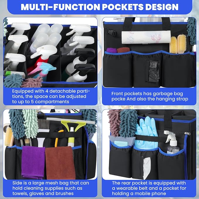 Large Rolling Cleaning Caddy Bag with Detachable Trolley and Shoulder Strap | Large Capacity with Multiple Pockets, Detachable Waist Pouch, Water Resistant Cleaning Supply Organizer Cart for Housekeeper