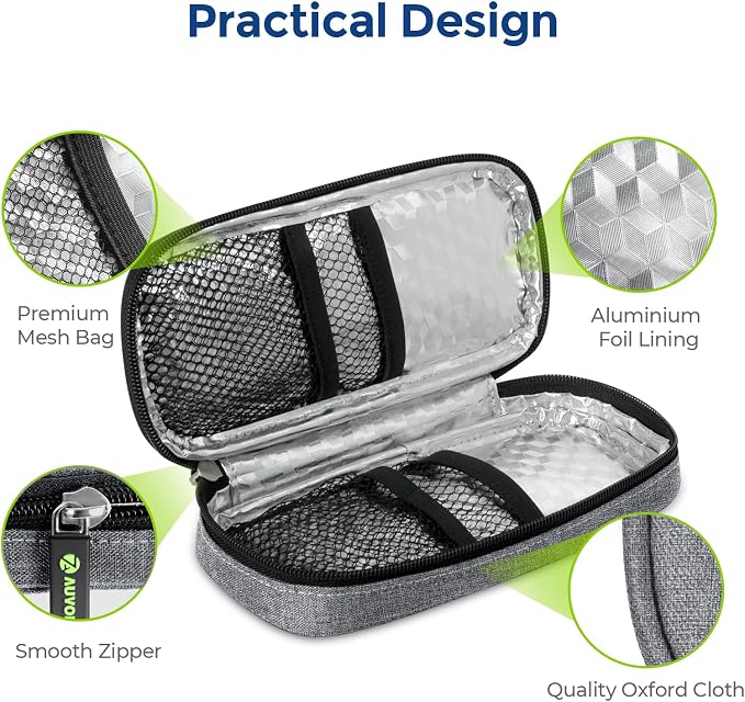 AUVON Insulin Cooler Travel Case, Diabete Care, 2x90g TSA-Approved Ice Pack | Diabetic Medication Insulated Cooling Bag for 2 Insulin Pens and Diabetic Supplies Storage, Compact for Daily Life and Trips