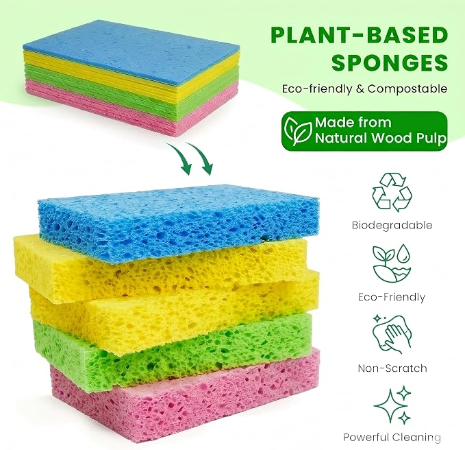 Metflavor Compressed Kitchen Sponges, 24 Count, Thick Non-Scratch Cellulose Dish Sponges, Biodegradable & Compostable, Pop-up Cleaning Sponge, 5" x 3" x 1"