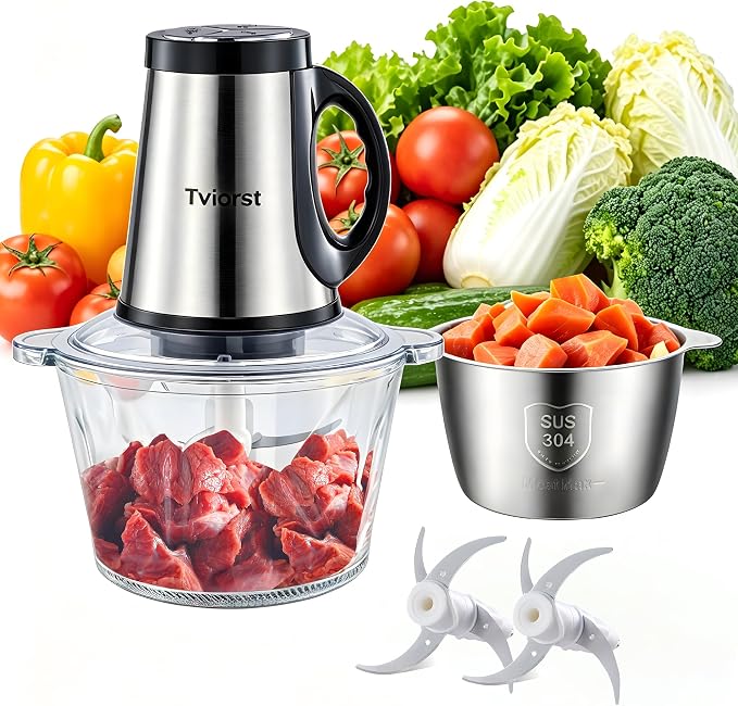 Electric Food Processor, 3-Speed Food Chopper with Meat Grinder & Vegetable Chopper - 2 Bowls (8 Cup Stainless Steel+8 Cup Glass) with Powerful 300W Copper Motor, 2 Bi-Level S Blades