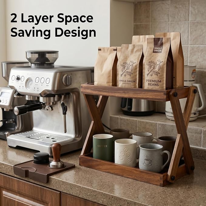Wood Countertop Organizer, 2 Tier Wooden Shelf for Coffee Bar Accessories, Kitchen Spice Rack Organizer, Condiment Storage Caddy for Home, Office, Bathroom