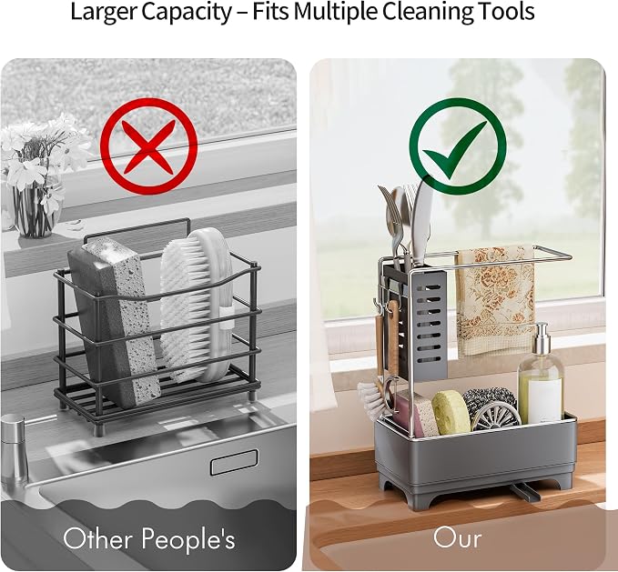 MOUKABAL Sponge Holder for Kitchen Sink, 2-Tier Sink Caddy Organizer with Drain Holes and Hooks, Holds Dishcloth, Sponge & Brushes, Kitchen Countertop Storage for New Home Essentials Grey