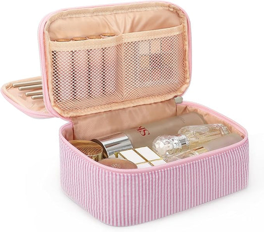 Relavel Pink Makeup Bag, Dual-Layer Cute Travel Cosmetic Bag with Make Up Brush Compartment, Multi-Functional Small Toiletry Organizer, Preppy Accessories for Daily Use, Pink Strip