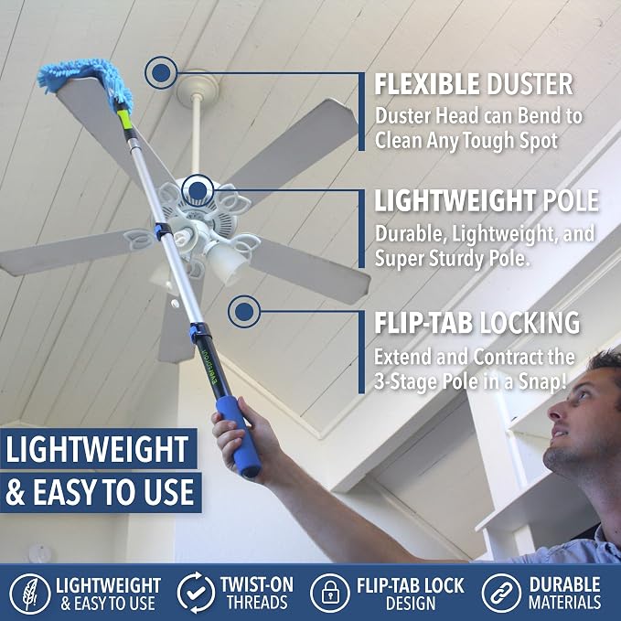 EVERSPROUT Ceiling Fan Duster with 3 Foot Pole, Bendable Microfiber Cleaner | Extends 1.5 to 4.5 Feet, 8-10 Foot Standing Reach, for Celiling Fans, Blinds, Shelves, Walls and More, Machine Washable