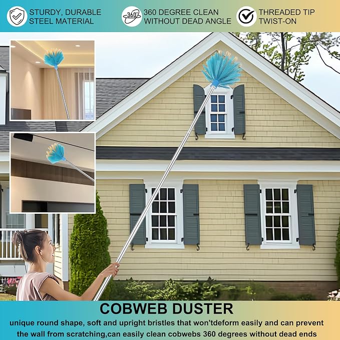 Cobweb Duster with Extension Pole，Adjustable 57" Spider Web Brush with Pole | Medium Stiff Bristles Cobweb Duster Head ，for High Ceilings, Suitable for Ceilings, Walls, Indoor Outdoor Environments