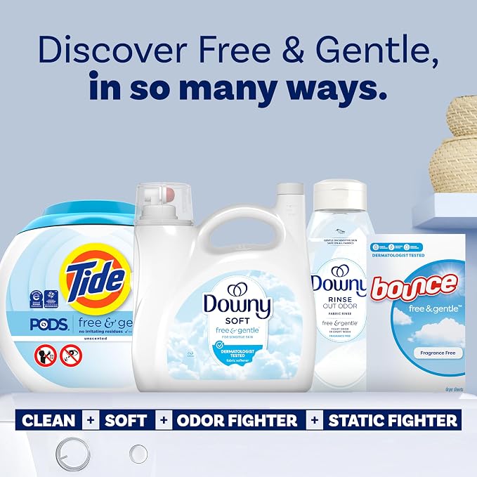 Downy Free & Gentle Liquid Fabric Softener, 140 fl oz, 190 Loads, Hypoallergenic, Sensitive Skin Friendly Fabric Conditioner Liquid