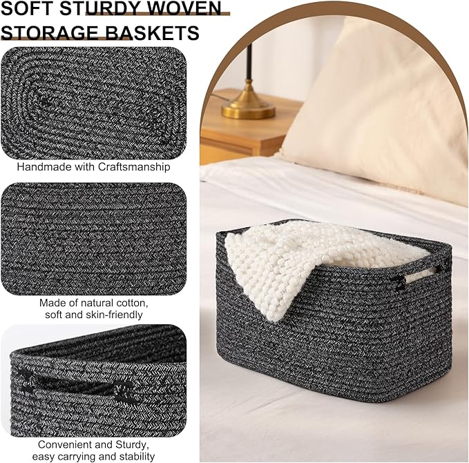 OIASKET Storage Baskets for Organizing, Woven Decorative Baskets for Shelves - Books, Towels, and Clothes, Cotton Rope Toy Storage Bins, 12.7''Lx9''Wx7.8''H, Pack of 4, Black and White