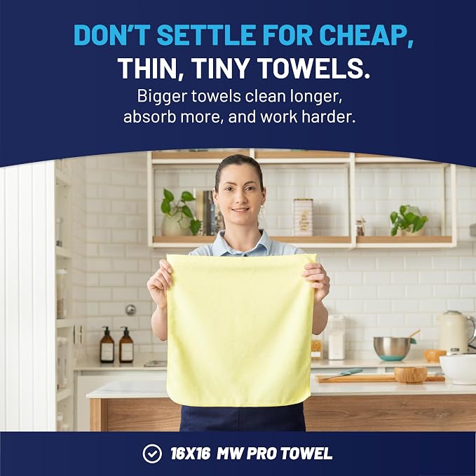 MW Pro Microfiber Cleaning Cloth | Blue, Green, Yellow (12 Pack) | Size 16" x 16" | All Purpose Microfiber Towels - Clean, Dust, Polish, Scrub, Absorbent