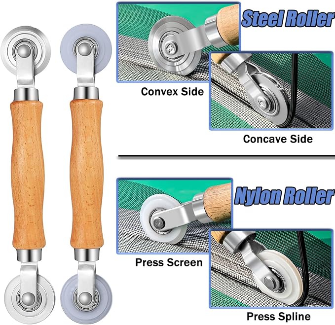 King&Charles Window Screen Replacement, 6in1 Window Screen Door Repair Kit | 48"x118" Black Screen Mesh, Steel&Nylon Bearing Roller, 0.14in x 50ft Spline, 8 Clips & Hook for Windows, Doors, Patio & RV