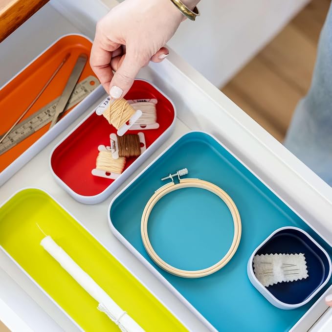 Three by Three Seattle Metal Drawer Organizer Tray Set, 10-Pc (Assorted) | Colorful food-safe metal bins; soft non-scratch base; organize utensils, makeup & supplies across every room