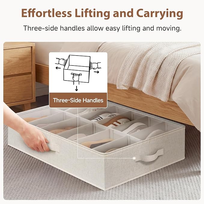 StorageWorks 2-Pack 24-Pair Underbed Shoe Storage Organizer, Linen Beige | Rustic Linen Fabric, Adjustable Dividers, 5.25" Height, Fits 6-inch+ Clearance, Clear Top, Soft Handles, For Closet, Bedroom