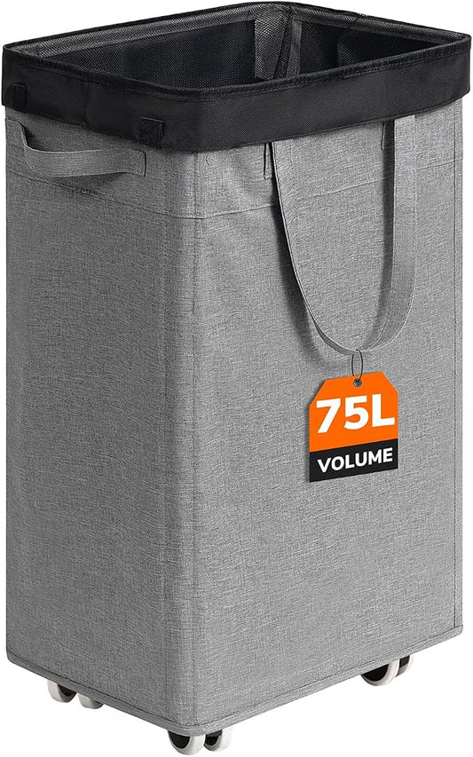 CHICVITA 75L Slim Laundry Basket with Wheels & Wash Bag, Light Grey | Removable wash bag, space-saving slim design for bedroom and college dorm. Rolling clothes hamper