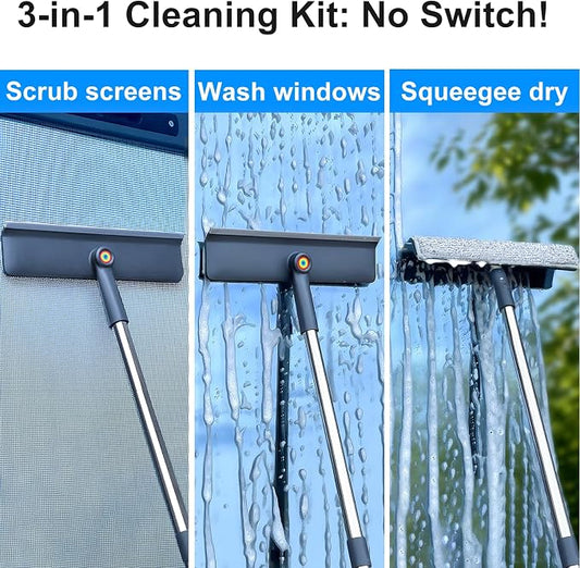 3-in-1 Window Squeegee for Home - 60" Window Cleaning Kit with 3 Microfiber Cloths & Screen Brush, All-in-1 Cleaner Tool for Outdoor Windows, Glass Door & Screens, Lightweight & Easy Storage