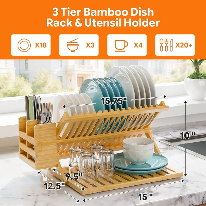 Simple Trending Bamboo Dish Drying Rack, 3 Tier with Utensil Holder | Collapsible Dish Rack, Large Foldable Dish Drainer for Plates, Cups, Bottles, Utensils, Kitchen Counter, Space Saving