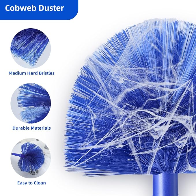 Microfiber Duster for High Ceiling Fan Blades, Cobweb with Extension Pole Adjusts 15-82 Inch, Reusable Cleaning Duster Kit with 3 Duster Heads for Wall Blinds Door Furniture Bookshelves (Blue)