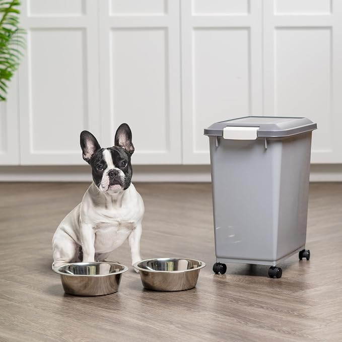 IRIS USA Dog Food Storage Container with Wheels, Airtight Lid, 2-Cup Scoop, Up to 30 Pounds Pet Food Storage, Built in Scoop Storage in Lid, Versatile Pet Food Bin, Portable, BPA Free, Gray/Dark Gray