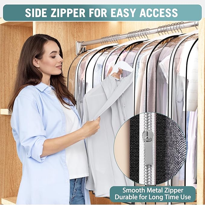 Liuoud Clear Garment Bag for Hanging Clothes 10” Gusseted, 32” Suit Bags for Open Closet Storage Plastic Clothes Cover for Coat, Dress, Shirts, Fur, Jacket, Wardrobe Protectors, 6 Pack