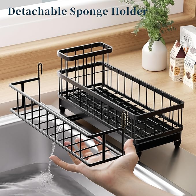 Consumest Sponge Holder for Kitchen Sink - Auto Draining Sink Caddy Organizer with Detachable Rack, High Brush Holder, Kitchen Countertop Storage Accessories, Black-Large