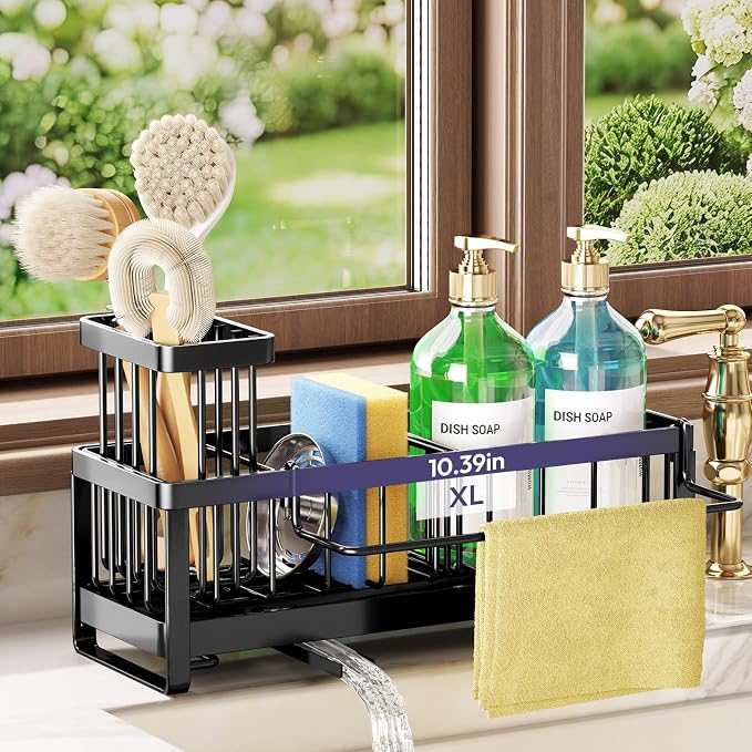 SWTYMIKI Sponge Holder for Kitchen Sink - Sink Caddy with Brush Holder Self-draining Sponge Caddy Organizer with Divider Stainless Steel Kitchen Accessories Storage for Countertop, Black - Large