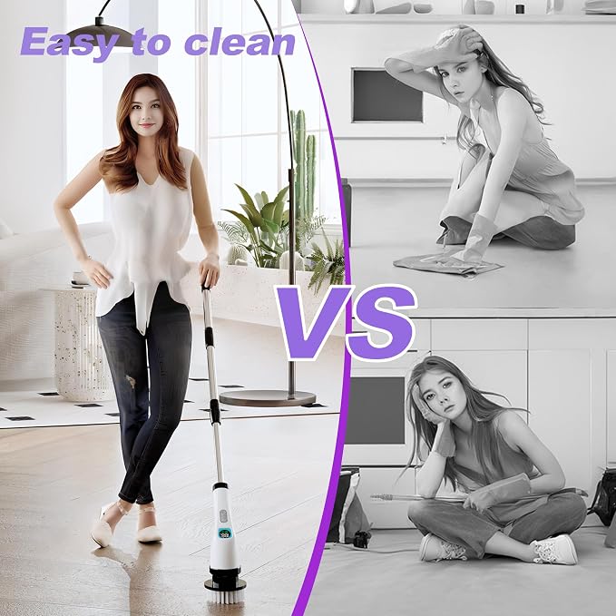 Electric Spin Scrubber for Cleaning - Bathroom Floor Shower Scrubber with Long Handle Cordless Handheld Power Spin Brush, IPX7 8in1 400RPM LED-Screen Fast Charging