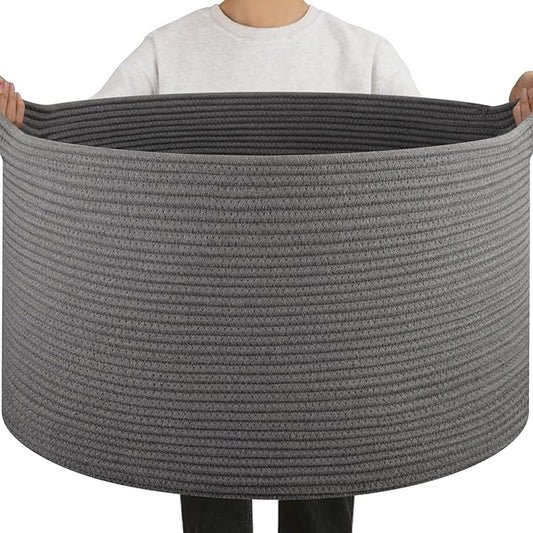 OIAHOMY 90L Extra Large Blanket Basket - Decorative Cotton Rope Storage Basket for Bedroom, Living Room & Nursery - Woven Laundry Hamper for Organizing Blankets, Clothes & Toys - Grey