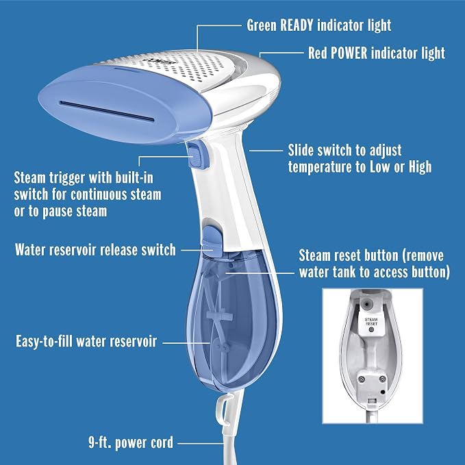 Conair Handheld Garment Steamer for Clothes, ExtremeSteam 1200W, Portable Handheld Design, White/Blue (Pack of 2)